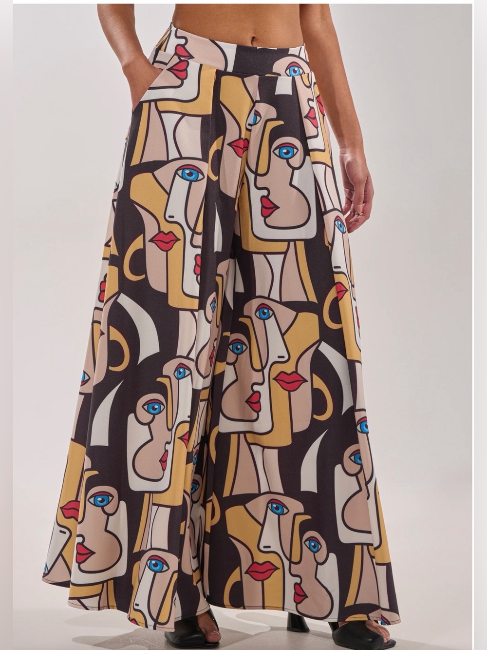 Nylon Apparel Wide-Leg High Rise Printed Palazzo Pants in Abstract Face Print